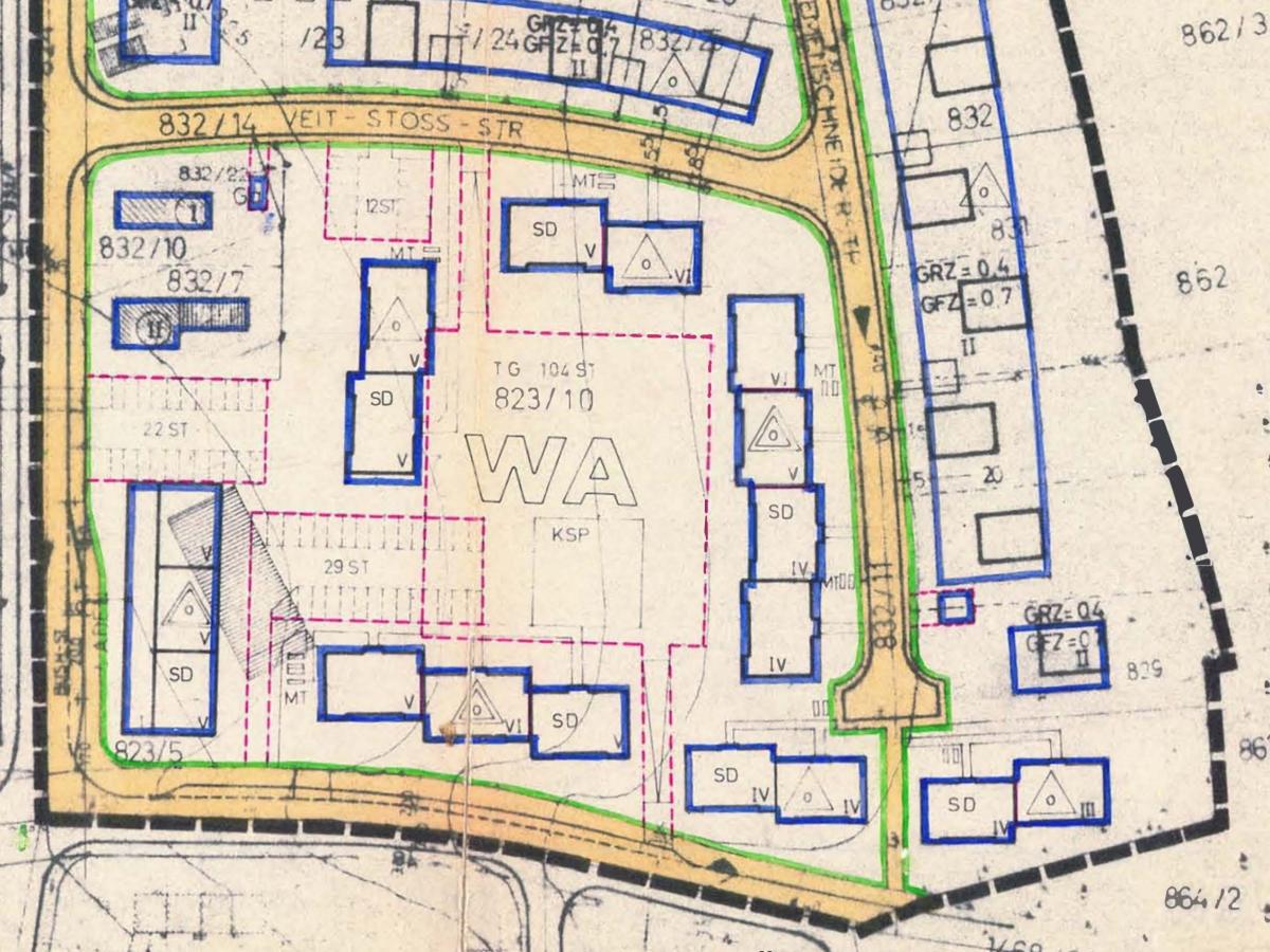 Ein alter Bebauungsplan wurde im wörtlichen Sinn überzeichnet; neue Baugrenzen wurden festgelegt.